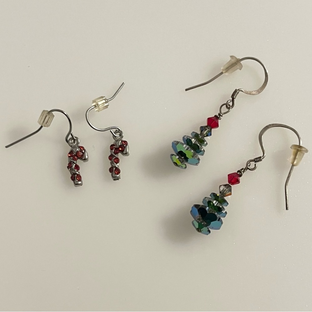 Beaded Christmas Tree and Rhinestone Candy Cane Earrings